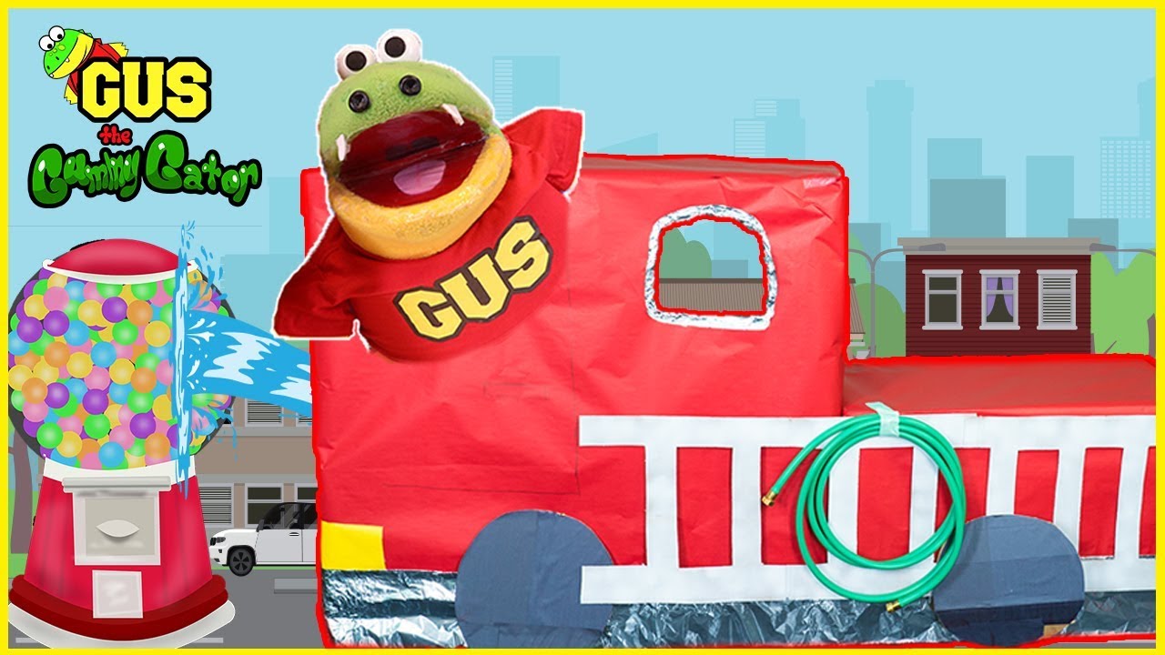 Fire Truck Box Fort Challenge! Firefighter Gus the Gummy Gator