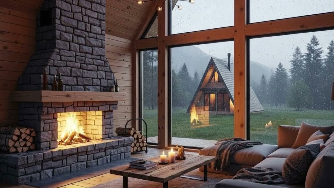 Relaxing Rain Outside Cozy Cabin | Fireplace Ambience for Deep Sleep