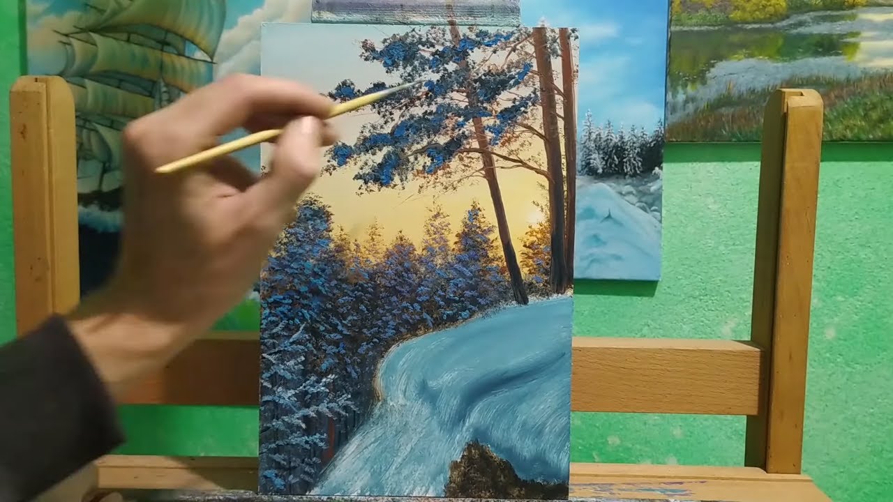 Как рисовать закат и хвойные деревья|как смешать цвет снега| Алла Прима art