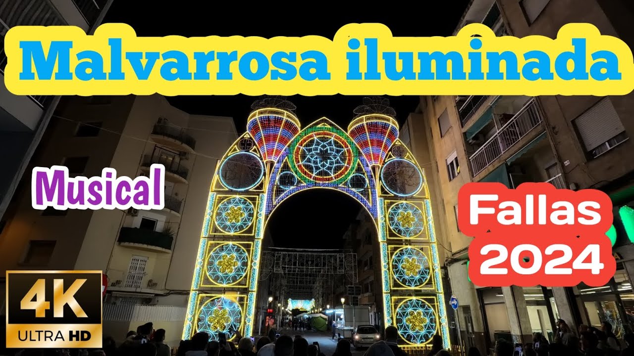 Malvarrosa musical iluminada las fallas de València  4K, #fallas2024, #valencia2024, #malvarrosa