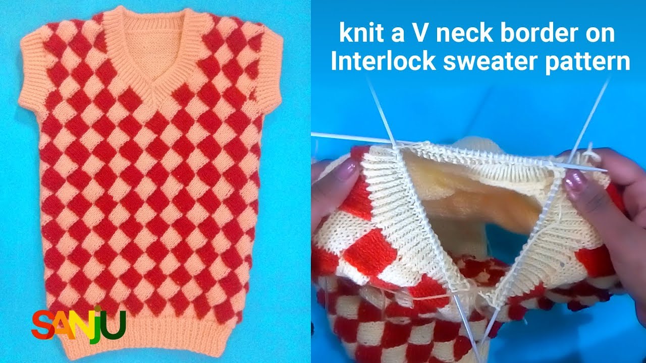 knit a V neck border on interlock sweater pattern