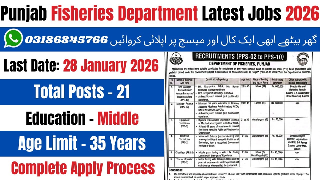 Fisheries Department Jobs 2026 | Govt Jobs 2026 | Punjab Govt Jobs | Latest Jobs 2026 | Jobs 2026