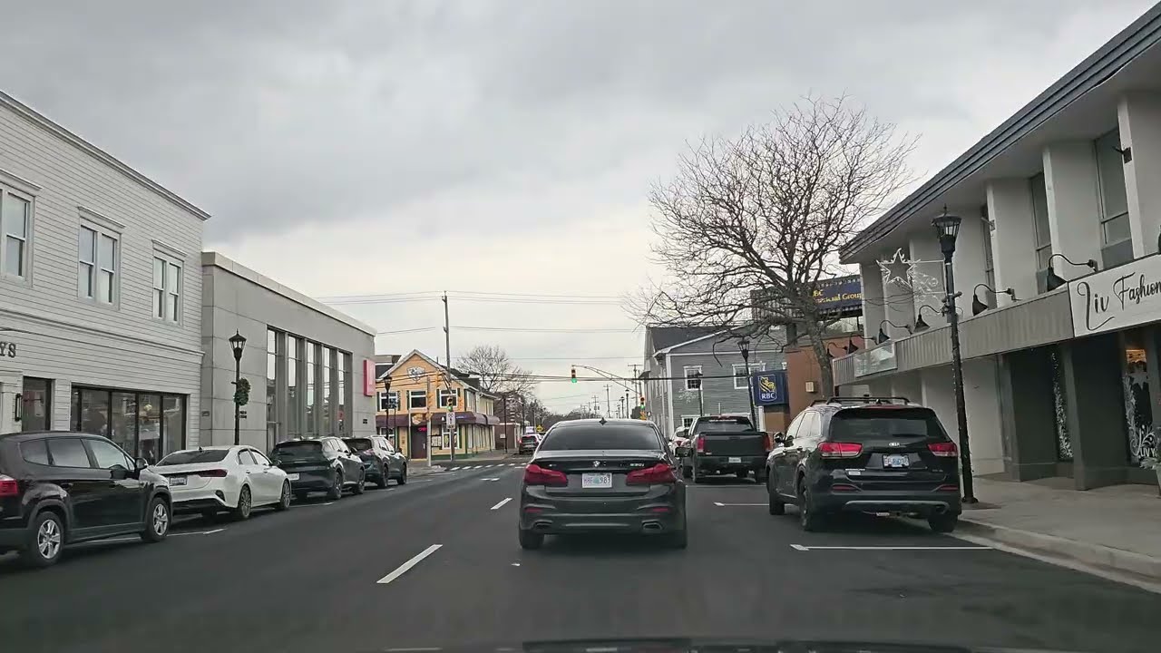 Cloudy late autumn drive from Superstore New Minas towards Coldbrook through Downtown Kentville. 
