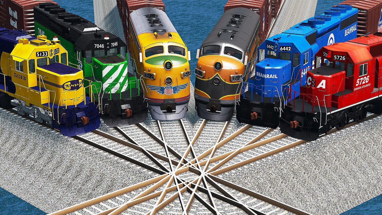 Six Trains vs Impossible Overlap Tracks Crossing - BeamNG.Drive