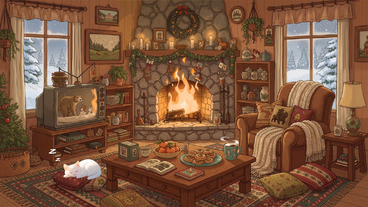 oldies playing in another room | cozy winter cabin with fireplace vintage music