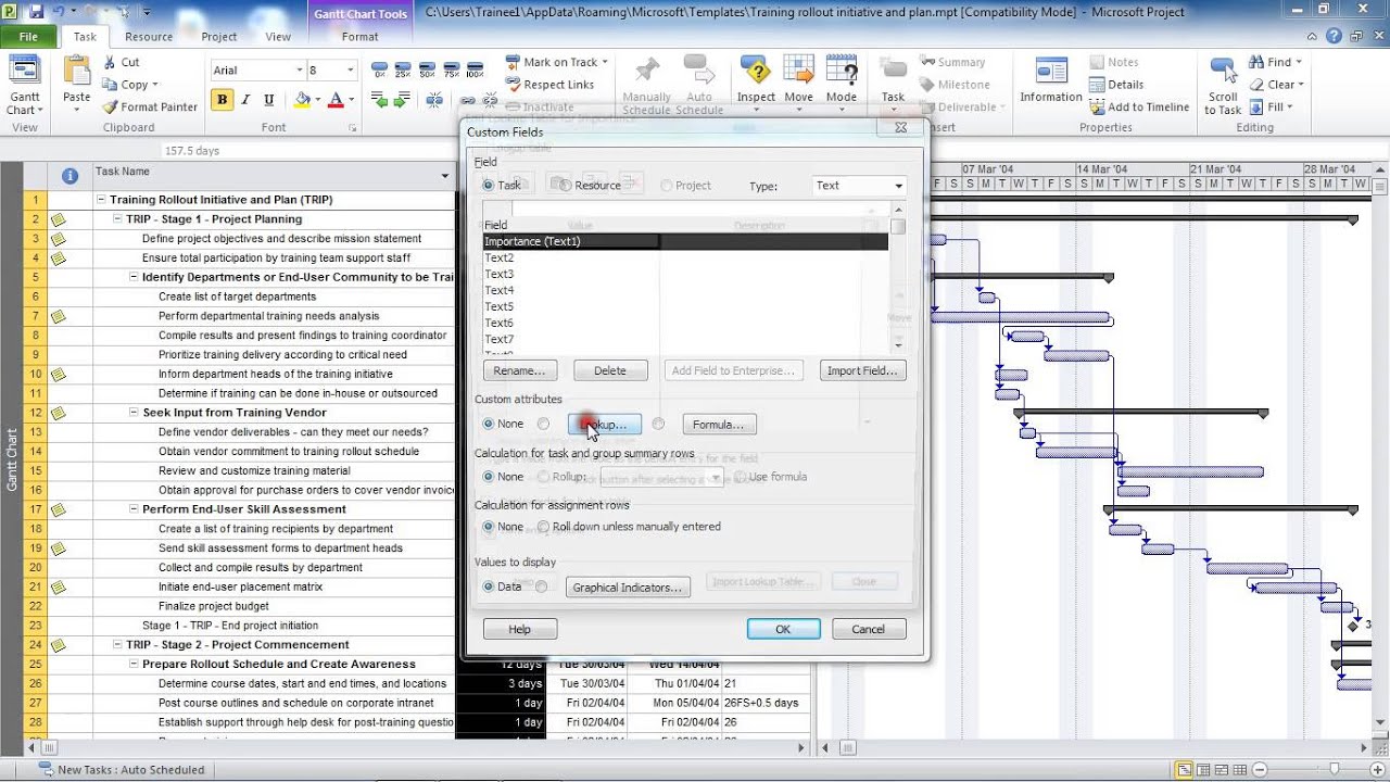 Создание поля раскрывающегося списка в Microsoft Project