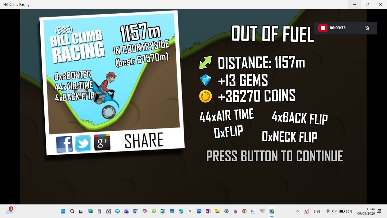Hill Climb Racing: 1/1/1/1 Motocross Bike & Countryside 1157m