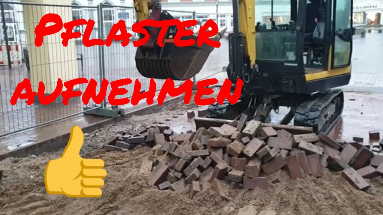 Bagger fahren-Pflaster aufnehmen mit Sieblöffel und Minibagger Yanmar SV 26