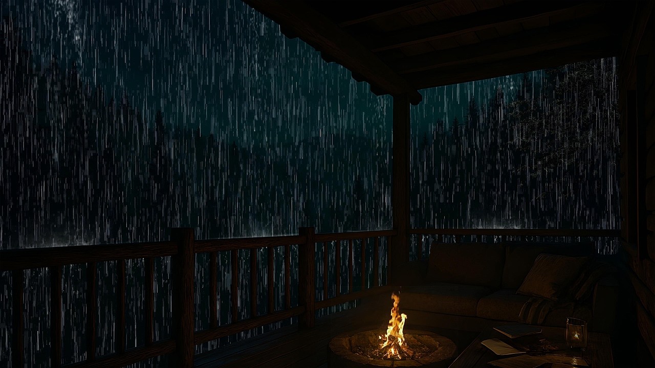 Relaxing Rainstorm Sounds in a Dark Forest Cabin with Warm Fireplace Ambience for Study