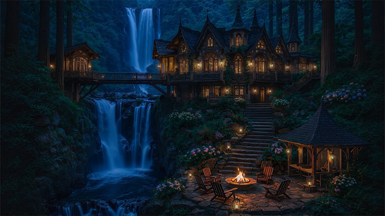 Gothic Cottage by Forest Waterfall | Relaxing Piano & Nature Sounds | Dark Academia Spring Ambience