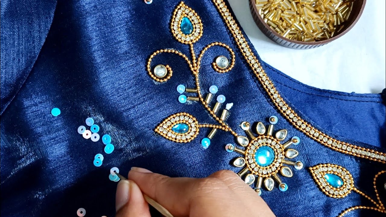 Beautiful Floral Aariwork Blouse Design with normal needle 