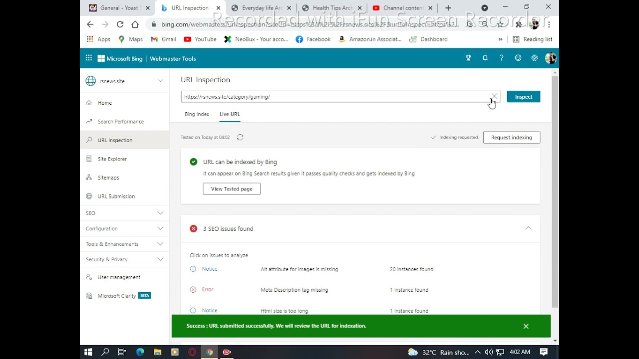 URL indexing on bing, URL cannot appear on Bing