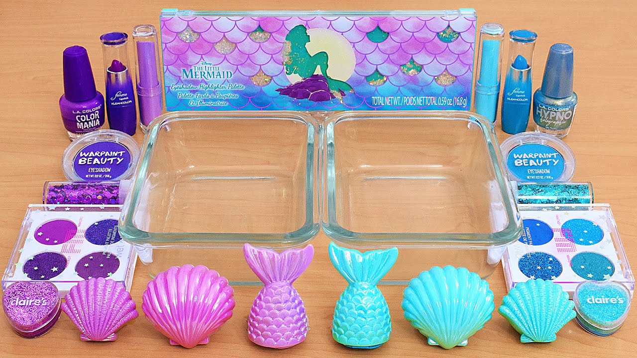 Purple vs Blue Mermaid Slime - Mixing Makeup Eyeshadow Into Slime ASMR