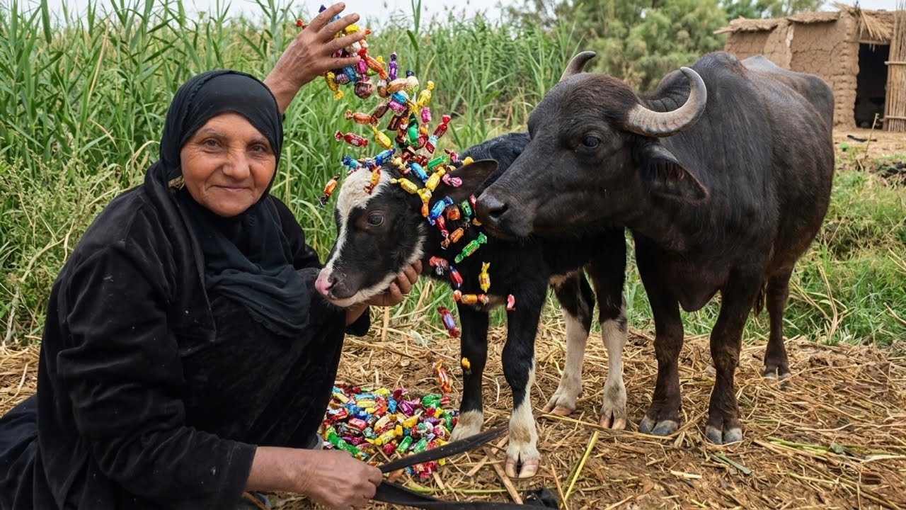 بمناسبة المولود الجديد الحجية ليلى تنثر كمية من الجكليت على رأس طفل جاموس حديث الولادة 😍
