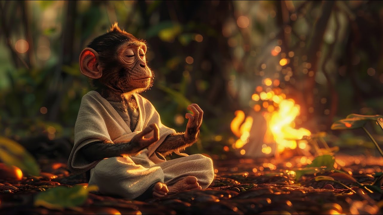 Forest Firelight Meditation | Calm Crackling Campfire Sounds with a Meditating Monkey🐒