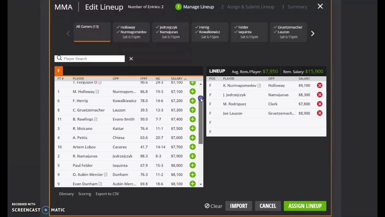 UFC 223 DraftKings GPP Lineup Builder