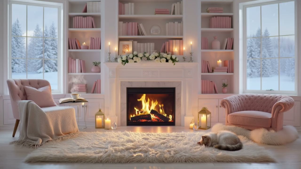 Cozy Winter Library Fireplace ❄️ Soft Pink Ambience | Relax, Read, Study, Sleep