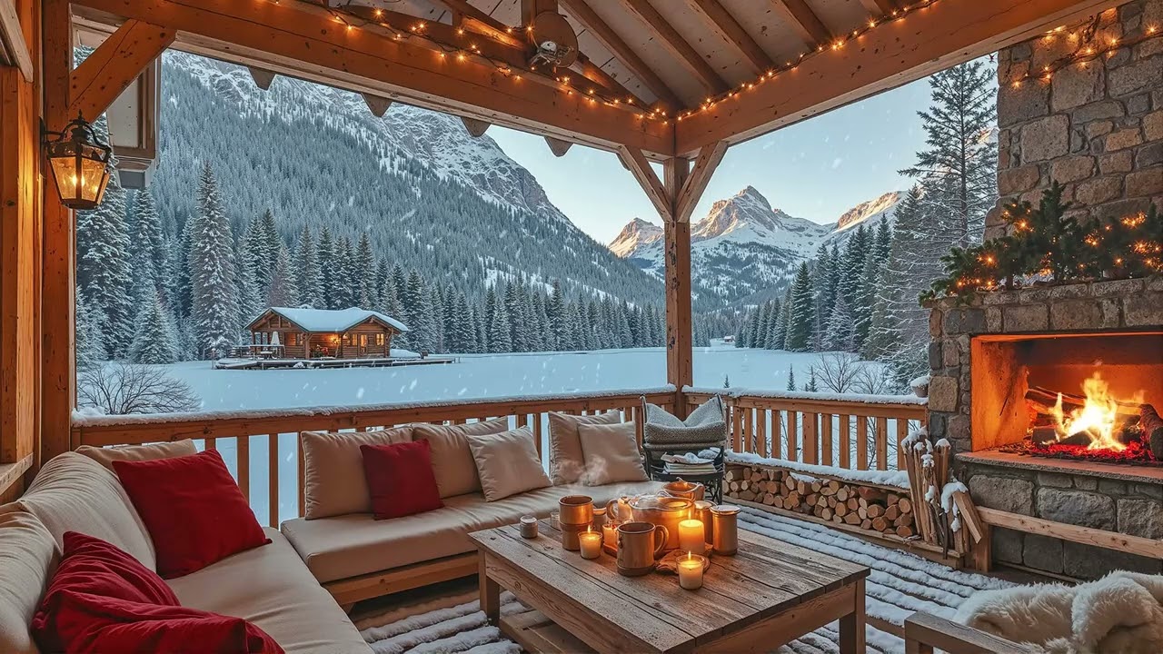 Winter Jazz Porch Ambience ❄️ Cozy Fireplace, Snowy Lake View & Smooth Jazz Music