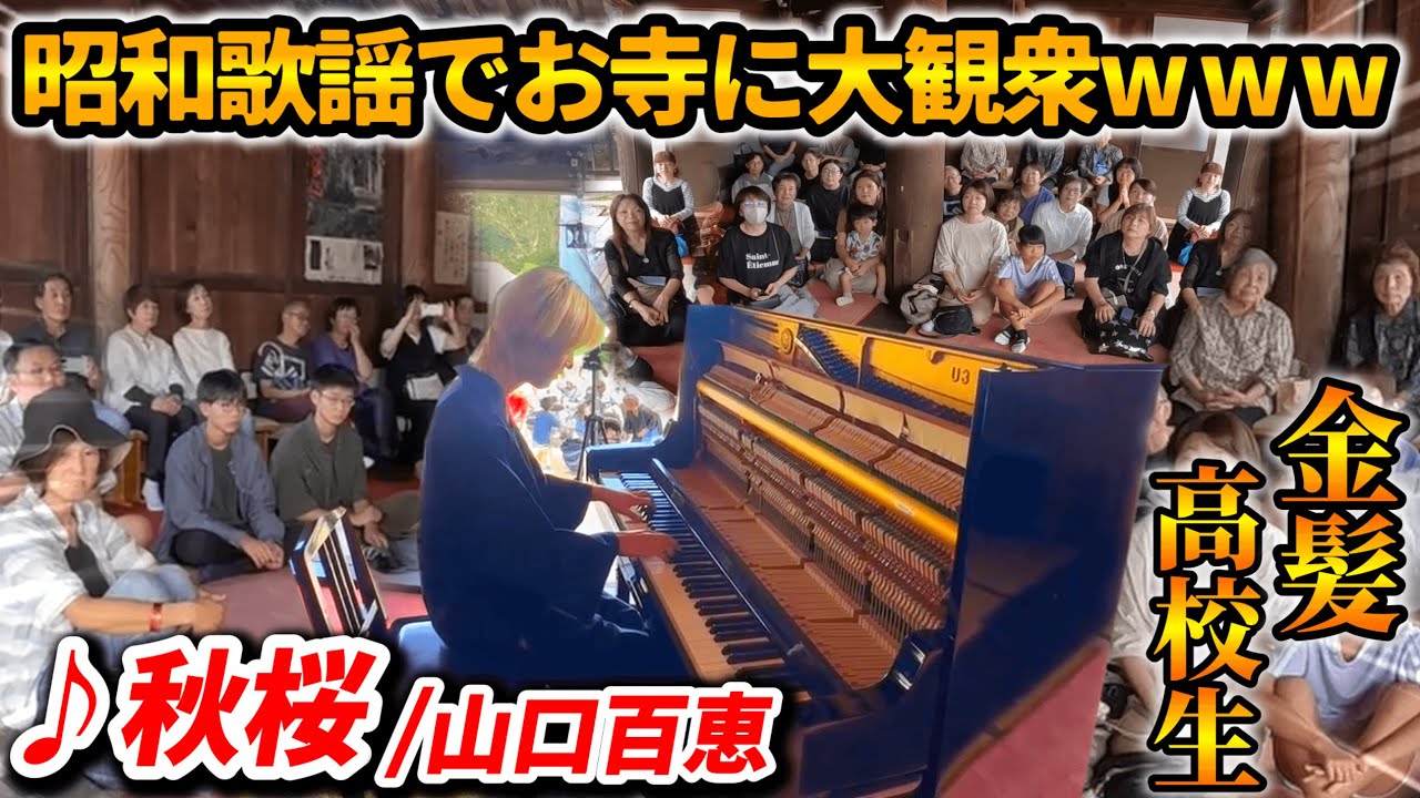 金髪高校生が昭和歌謡『秋桜/山口百恵』弾いたら1000年前のお寺に大観衆ww【お寺ストリートピアノ】