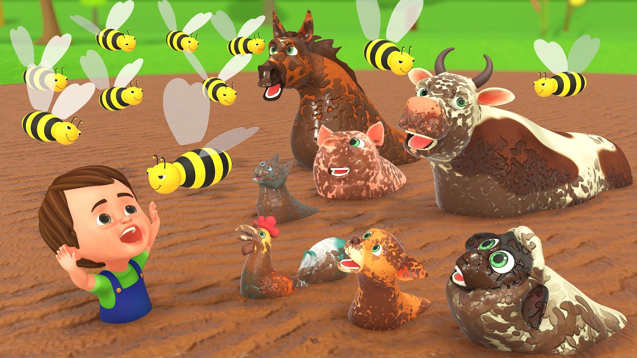 Малыши-животные играют в грязи, спасаясь от пчёл 🐝 | Смешное купание животных | Звуки и названия ...