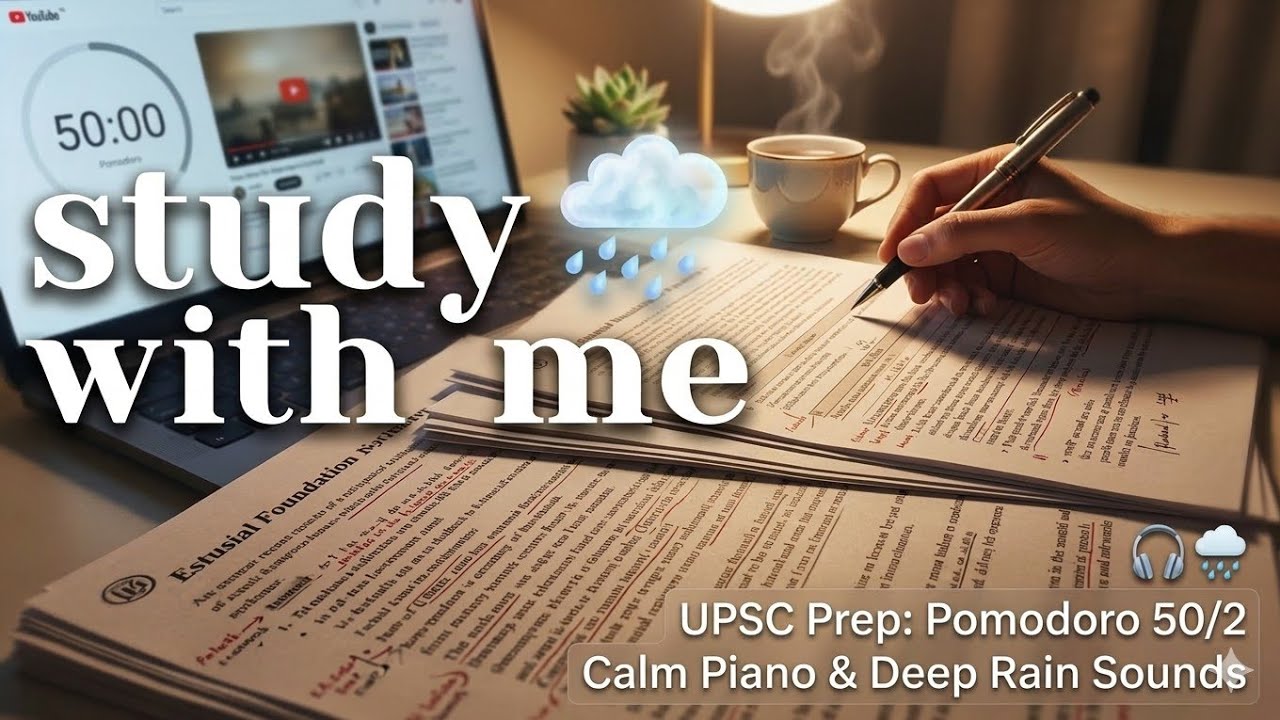 📚Night Study with Me 2 Hour | UPSC Pomodoro 50/2 | 🎹Calm Piano & Rain Sound | Deep Focus