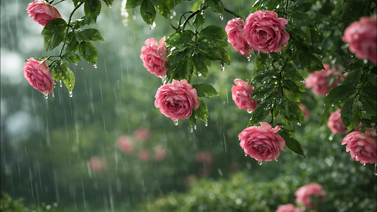 Soft Rain on Pink Roses 🌸 Gentle Rain Sound on Leaves & Garden Ambience