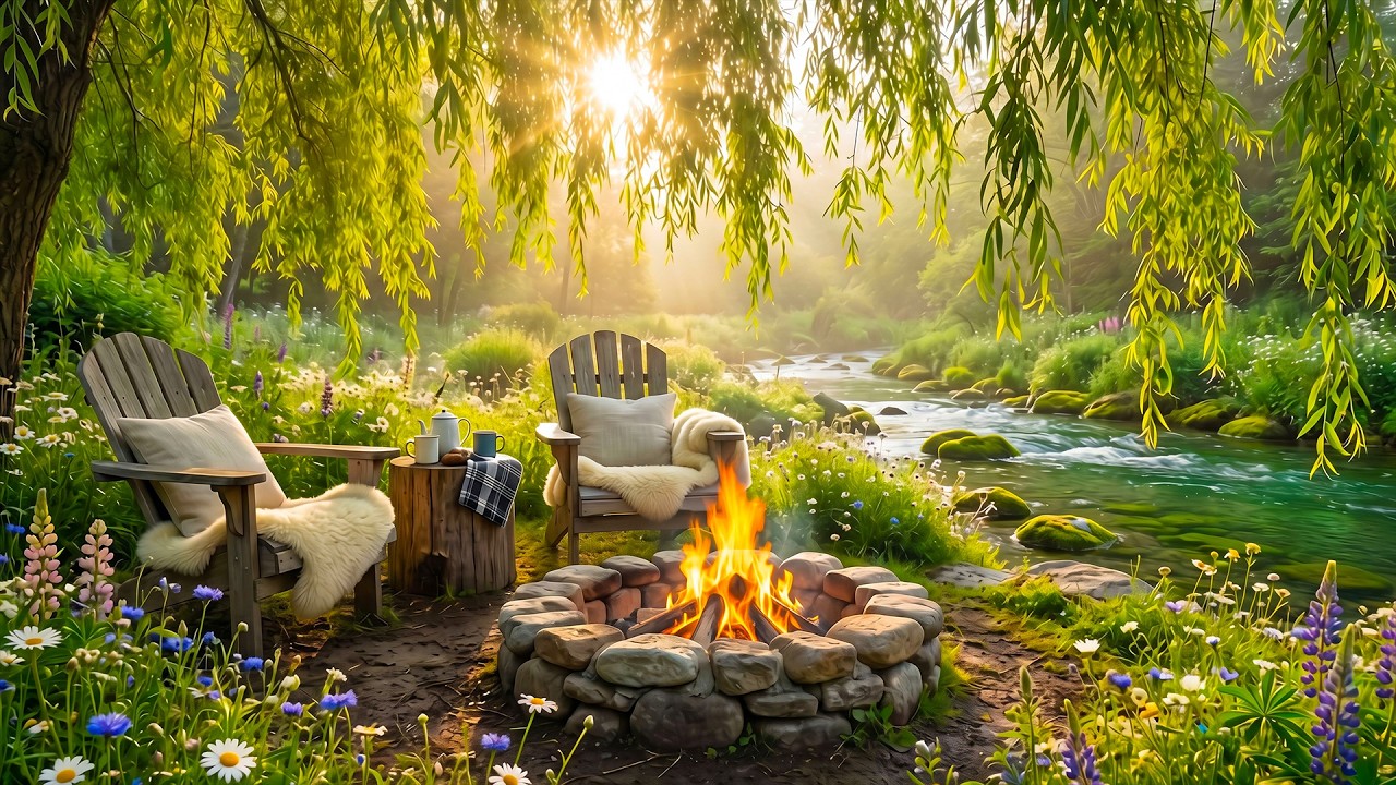 Cozy Spring Morning Riverside 🌿🔥 Campfire Sounds & Birdsong Ambience for Relaxation, Meditation