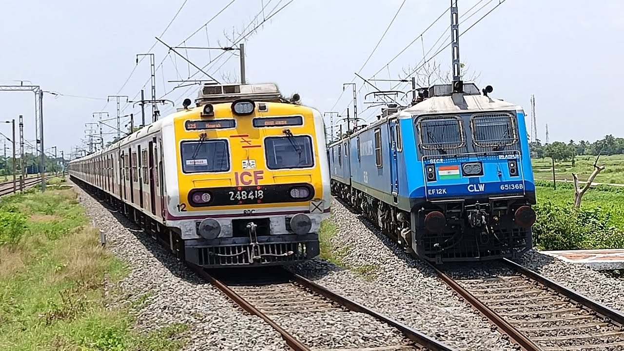 Different model Classic vs Modern EMU local trains spotting at busy Madhusudanpur Railway Station.