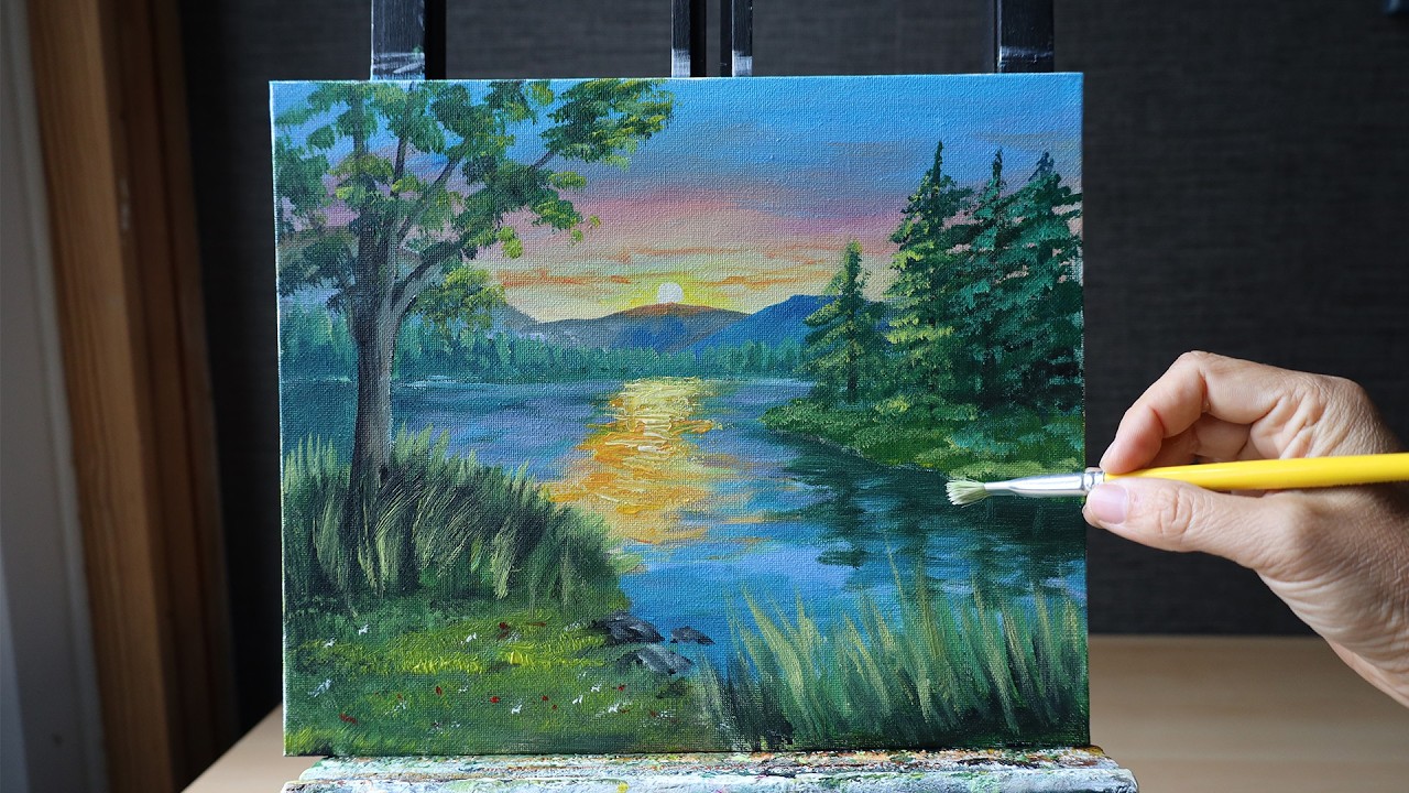 Acrylic Sunset Lake Painting Process | Relaxing Landscape Art on Canvas