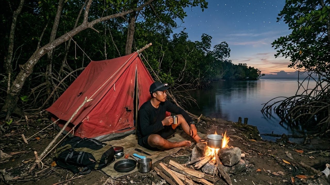 SOLO CAMPING AND FISHING, LOOKING FOR CLAMP BY THE SEA IN A MANGROVE FOREST, #Part 1
