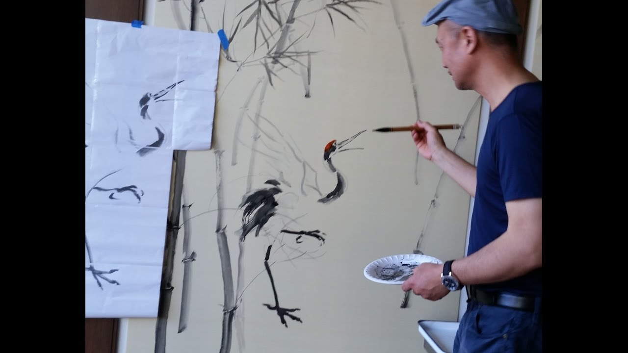 Henry Li Painting a Chinoiserie Crane on Silk Panel in Symphony Tower Social Room