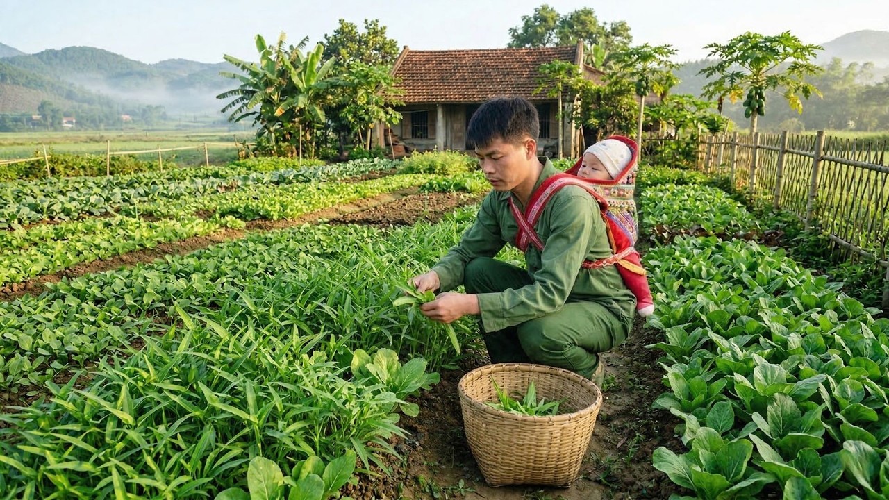 Harvesting A Green Vegetable Garden And Selling It At The Rural Market, Taking Care Of A Daughter