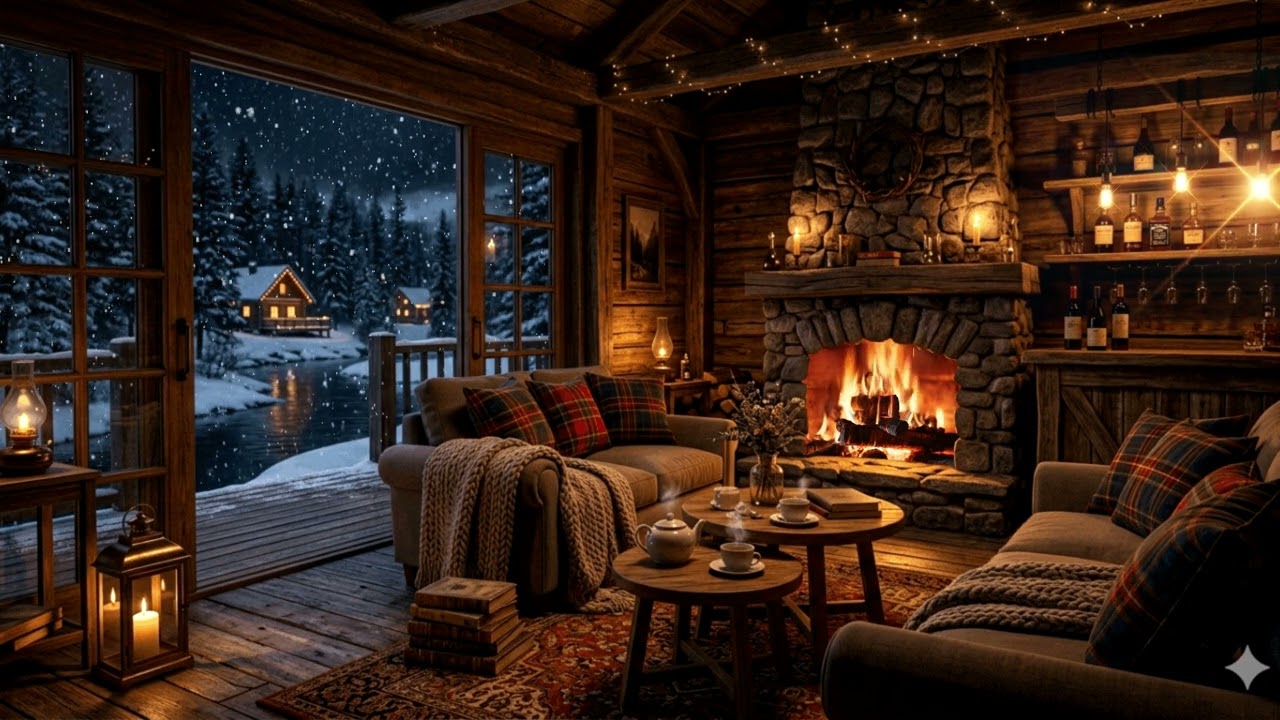 Cozy Winter Café by the Lake | Smooth Jazz Instrumental & Warm Fireplace Ambience
