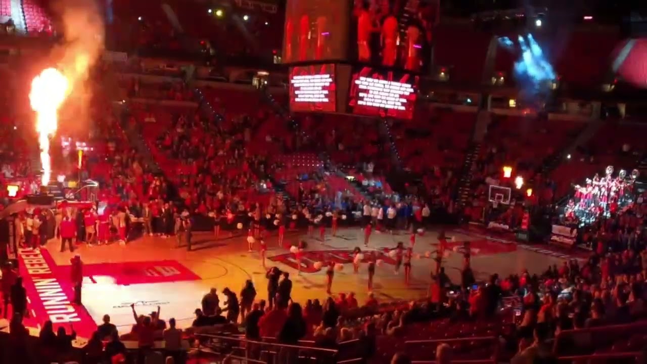 Indoor fireworks at UNLV's Thomas & Mack Center: Runnin' Rebels pre-game introductions, Vegas-style