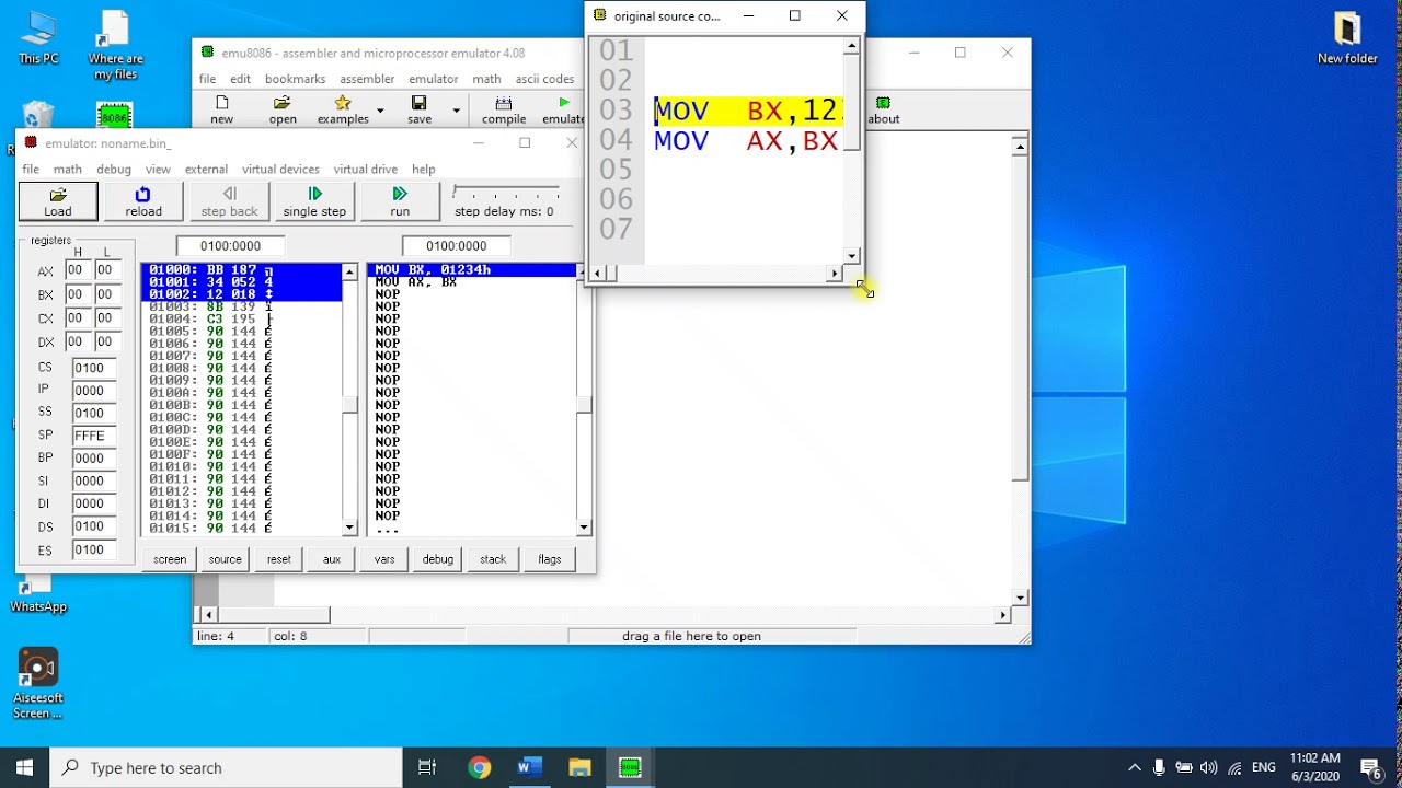 emu 8086 program install,activate,execution and example