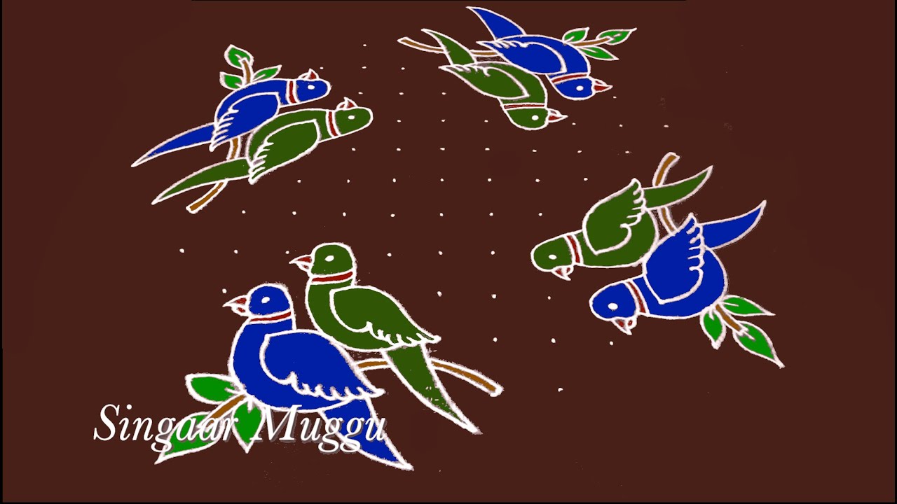 Birds rangoli design 11X5 dots | Birds muggulu | Simple dots rangoli | Pulli kolam | Birds kolam