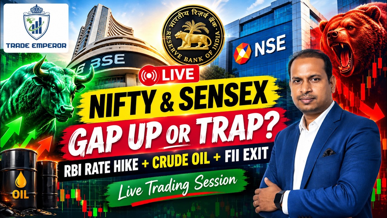 🚨 NIFTY & SENSEX LIVE: GAP UP OR TRAP? | RBI RATE HIKE + CRUDE OIL + FII EXIT