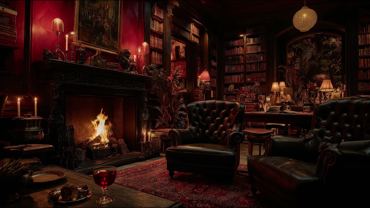 Fireplace in Cozy Library with Leather Chairs and Crackling Fire Sounds for Sleep and Focus