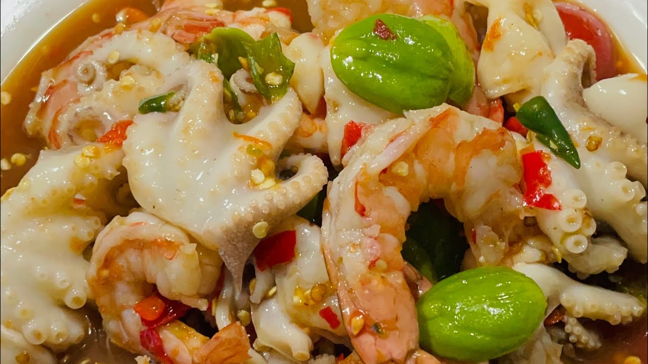 ตำทะเล แซ่บๆกุ้ง,หมึกกรอบนัวร์มาก🦑🌶️🥬🦐