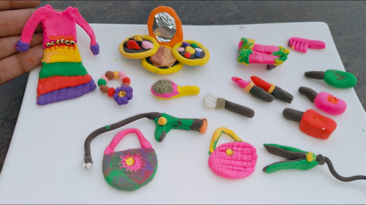 DIY how to make polymer clay miniature makeup kit ,brush, nail polish etc