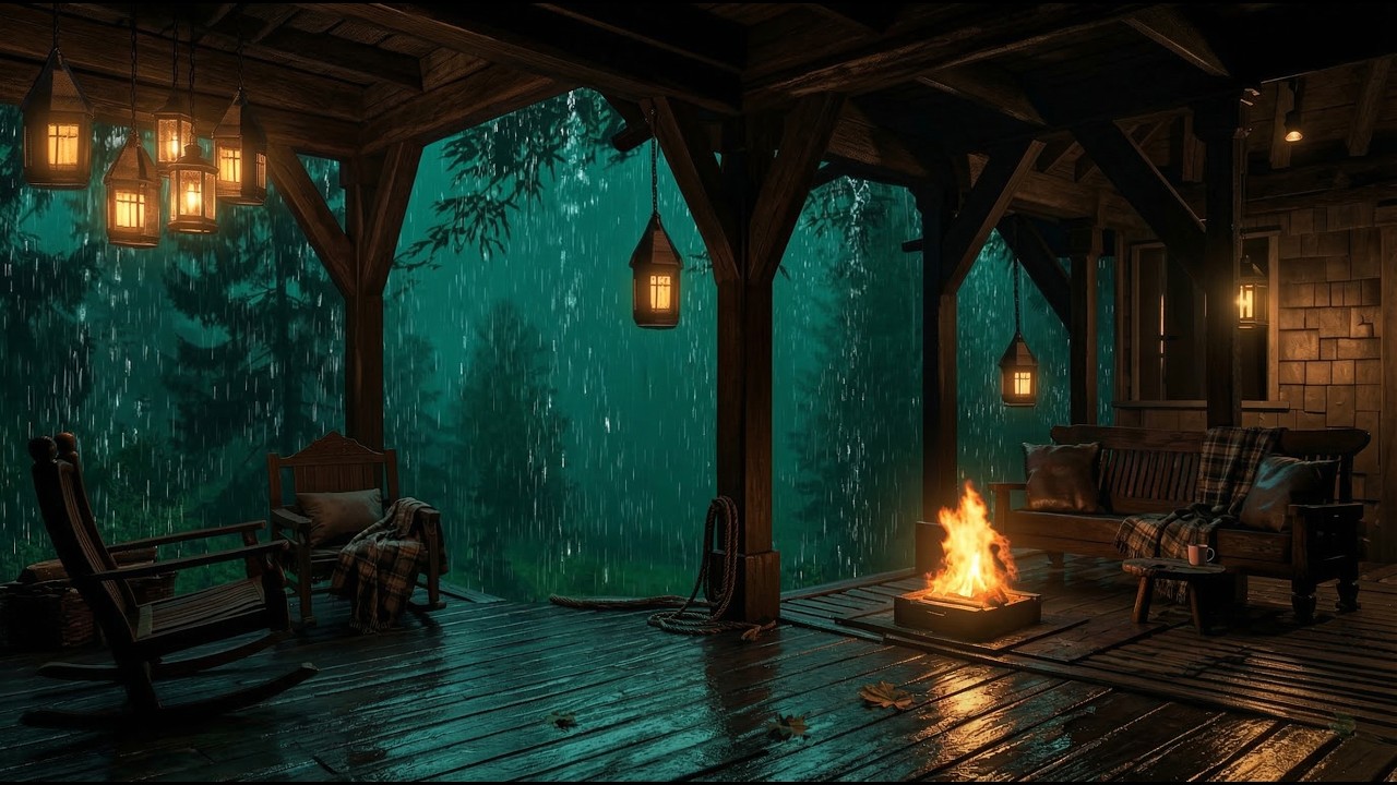 3 Hours of Relaxing Rain on a Cabin Porch at Night for Deep Sleep and Relaxation