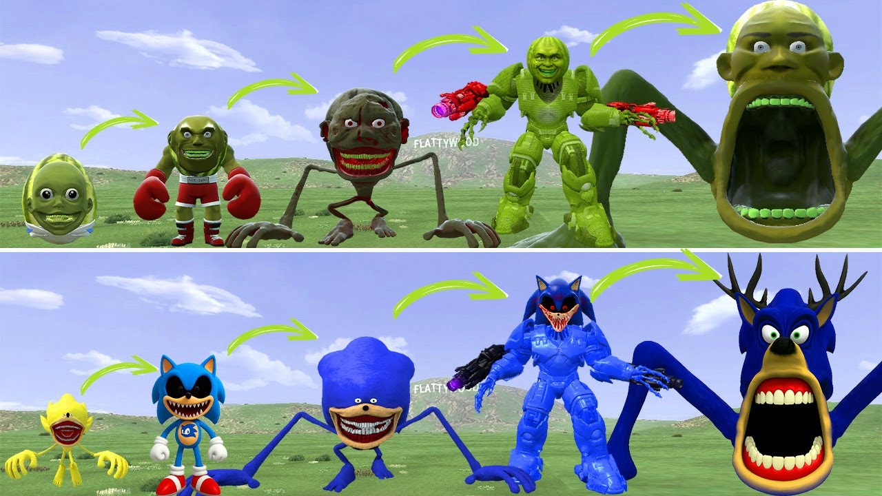 ???: ALL THE NEW EVOLUTIONARY FORMS OF THE LINGANG MELON MONSTER VS THE SONIC EXE MONSTER IN GMOD!
