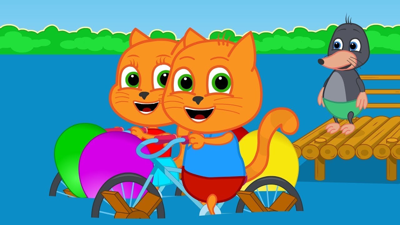 🔴 Cats Family in English - Rainbow Bicycle Balloon Cartoon for Kids