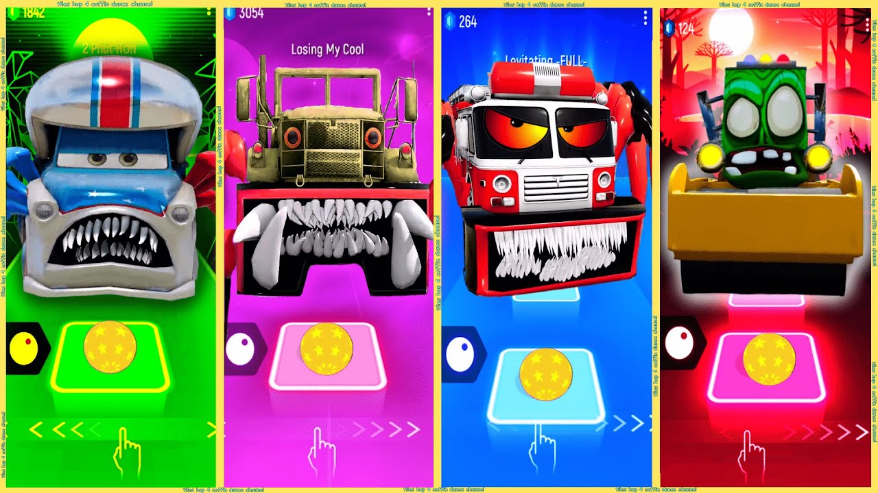 coffin dance - Fire truck 🆚 Asphalt roller eater 🆚 Military Truck 🆚 Miss Fritter eater | Tiles HOP 🚒