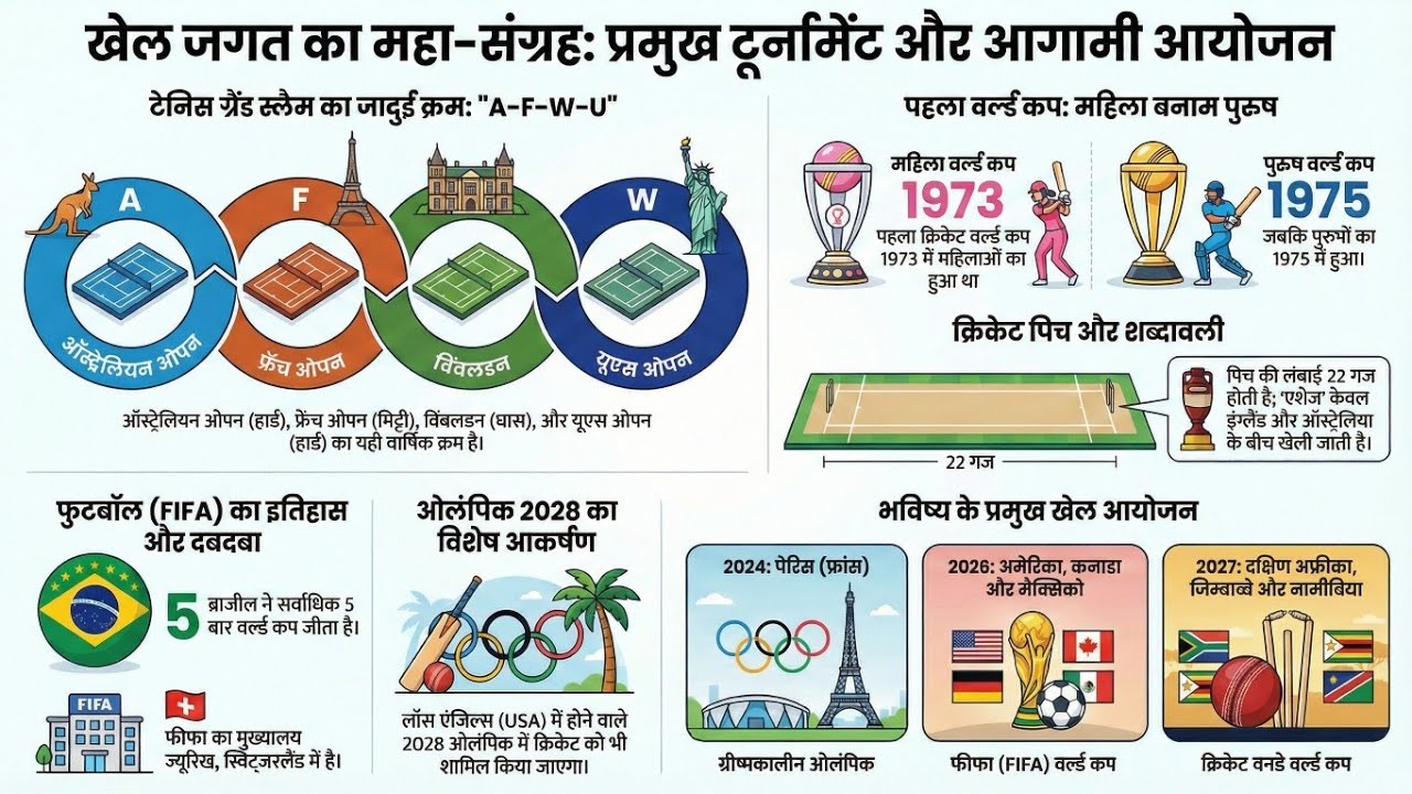 खेल-कूद पार्ट 2 (Sports GK) | Grand Slams, FIFA, World Cup & Venues | Top 50 MCQs