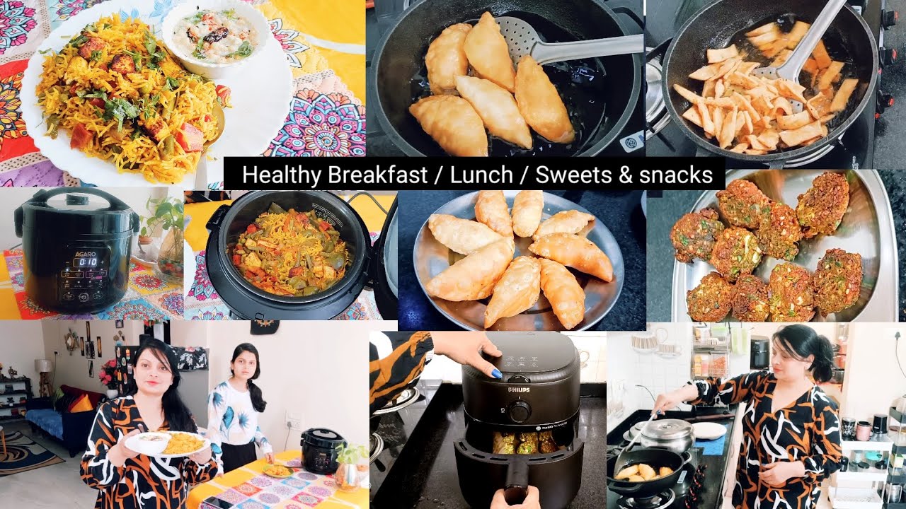  BREAKFAST TO LUNCH/ HOLI KI TAIYARI SURU ❤️AIRFRYER RECIPE, PANEER VEG PULAO, MATHRI ,MAWA GUJIYA 