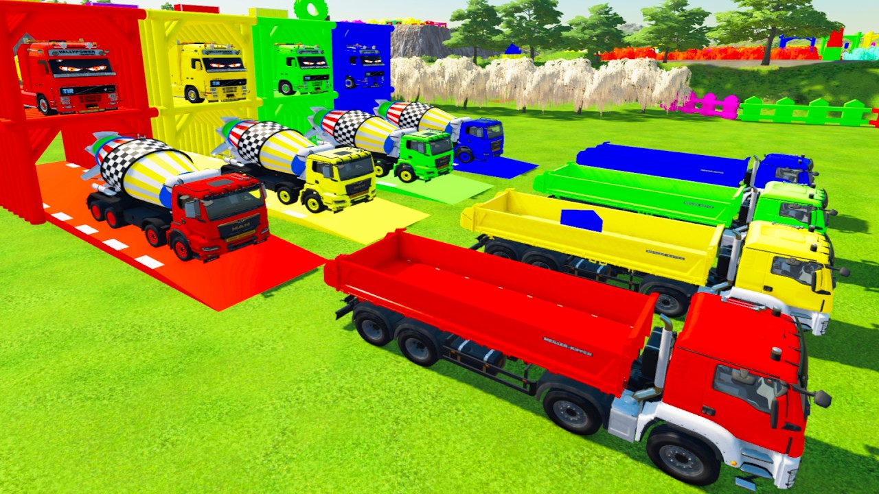 Colorful trucks - ALL COLORED MAN DUMP TRUCK, MAN MIXER TRUCK TRANSPORTING WITH VOLVO FLATBED TRUCK