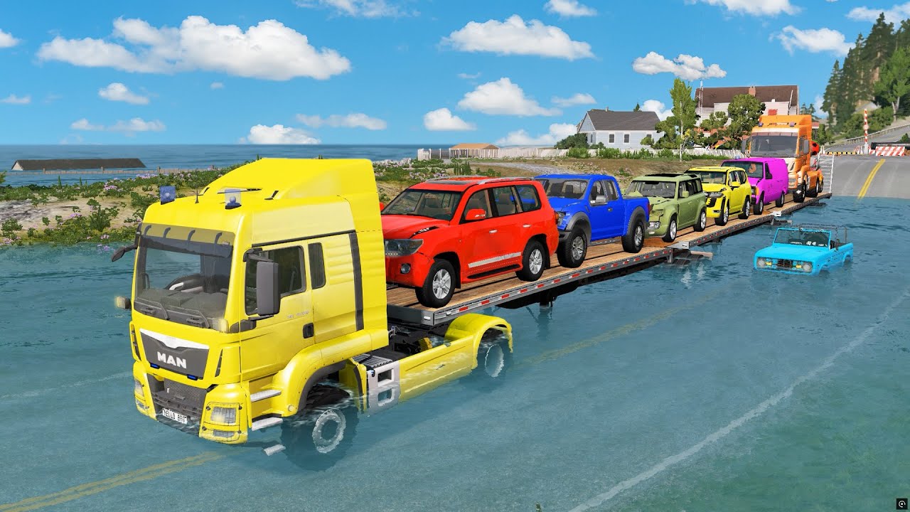 Triple Flatbed Trailer McQueen Transportation with Truck - Speedbumps vs Cars vs Train - BeamNG #19