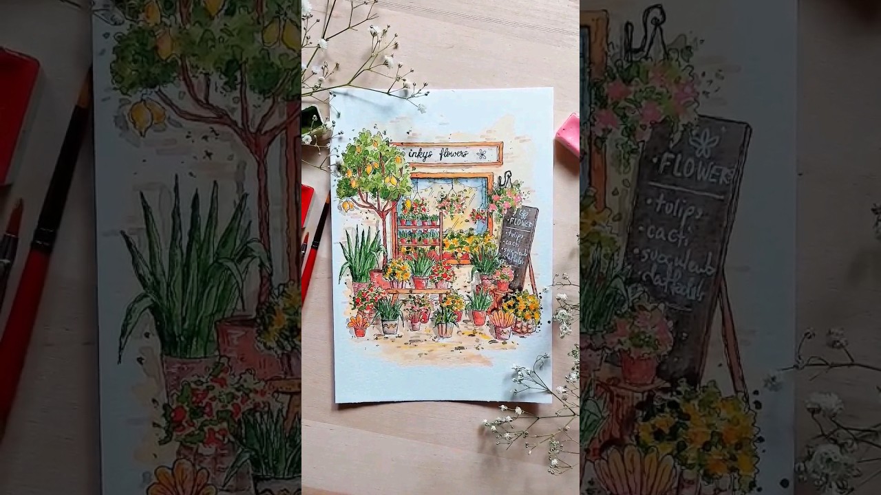 full tutorial on my channel- draw ink&watercolor flower shop front. #watercolortutorial #art
