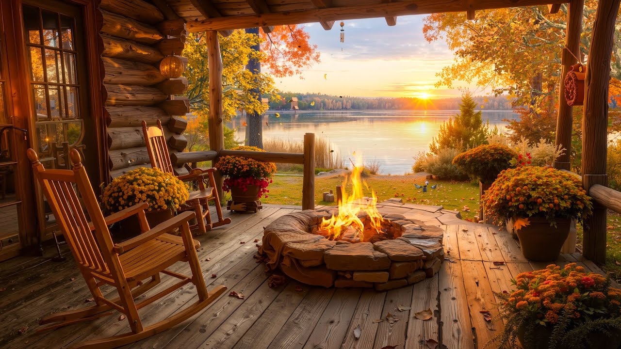 Morning Ambience on a Cozy Autumn Porch | Campfire by the River & Nature Sounds